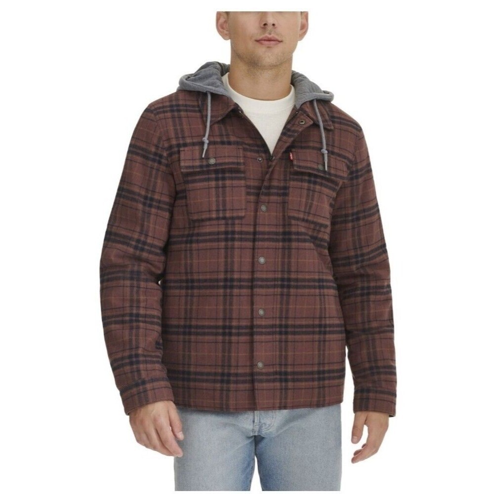NEW Levi Strauss & Co. Men's Plaid Hooded Lined Shirt Jacket Black Brown Small - Picture 7 of 7
